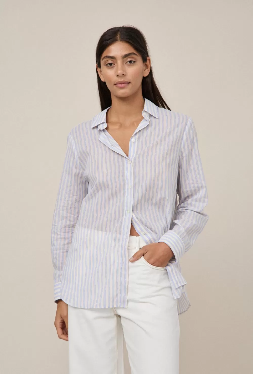 Women Maggie Marilyn Shirts & Blouses | Signature Shirt Cream Blue Stripe